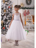 White Tulle Beaded Tea Length Flower Girl Dress Holiday Dress